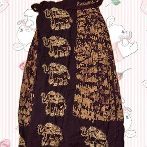 Brown and gold elephant print maxi wrap skirt